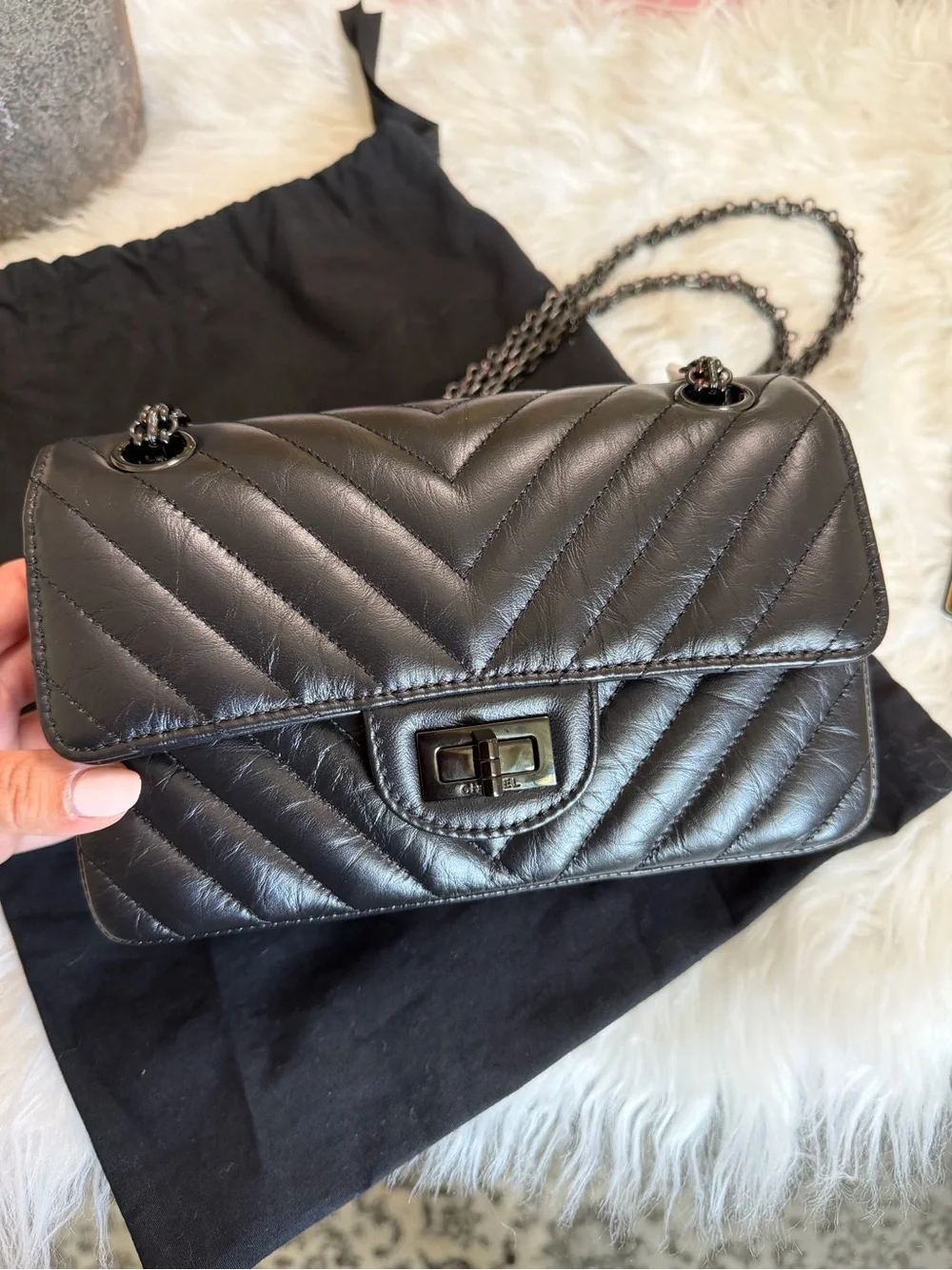 CHANEL SO BLACK REISSUE 2.55 FLAP CHEVRON AGED CALFSKIN MINI